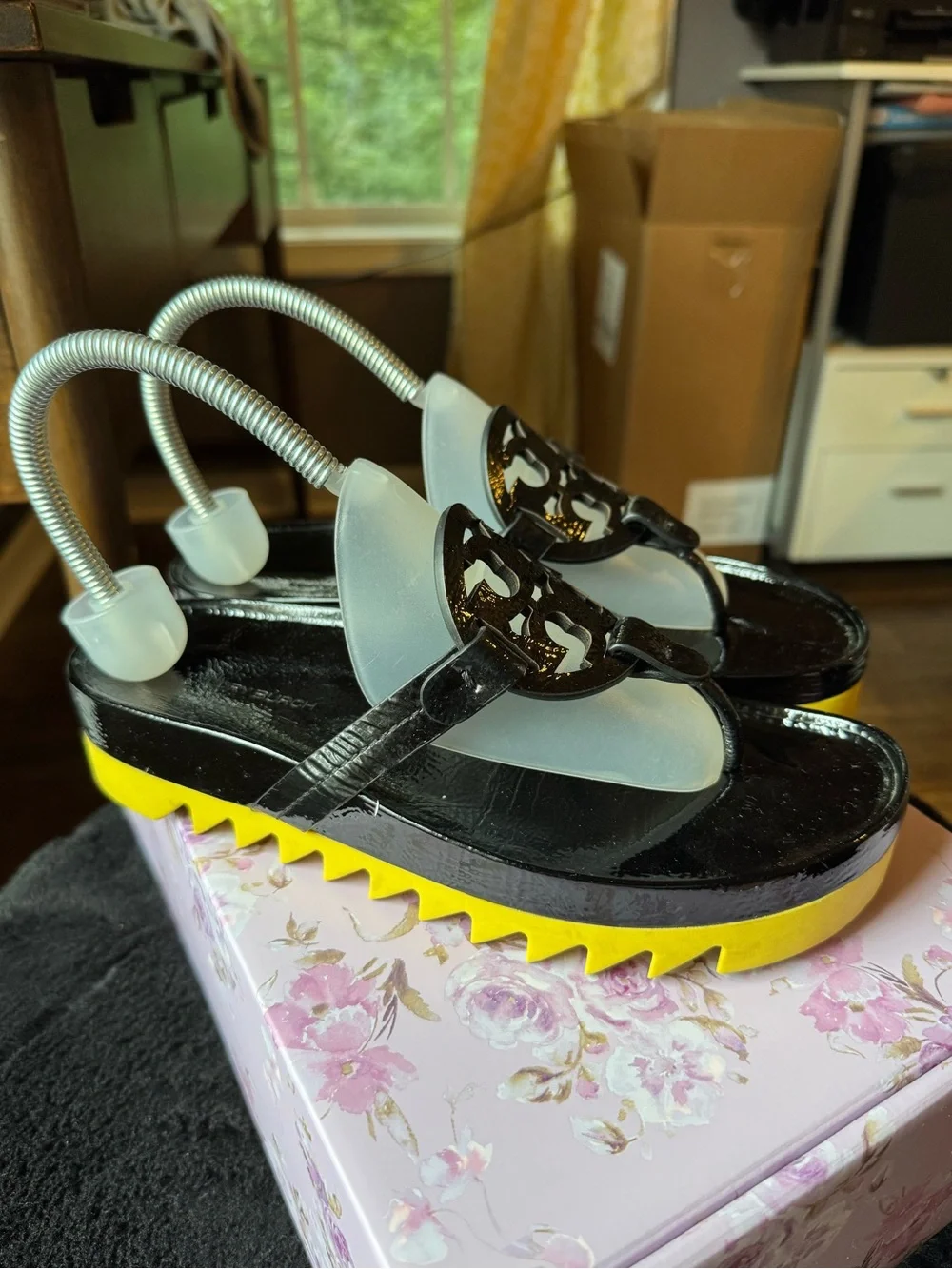 Tory Burch Miller Cloud Lug Sandal Black Patent Leather Logo Cutout platform